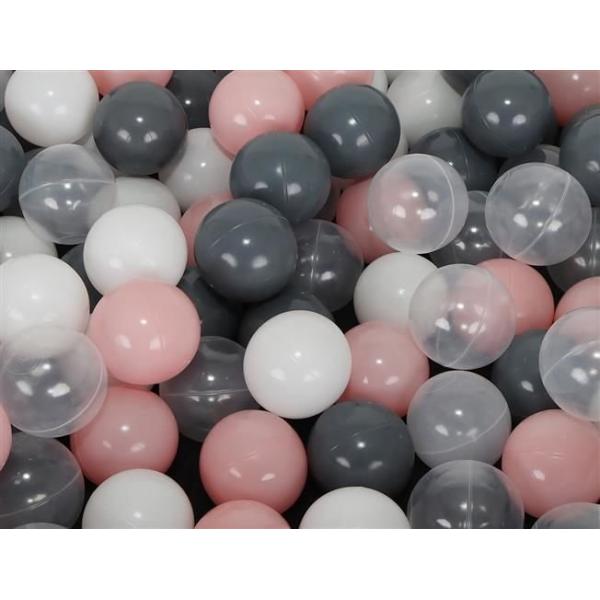 200 vnt. spalvotų plastikinių kamuoliukų 7 cm. pilki - rožiniai
